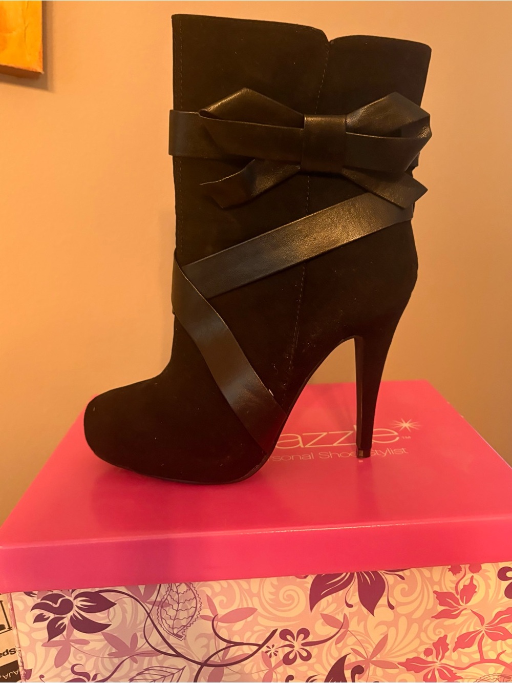 Shoe Dazzle Black Suede Ankle Boot with Bow and Wrap Strap